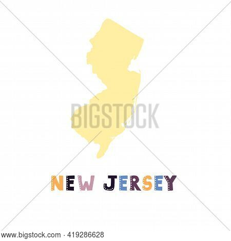 New Jersey Map Isolated. Usa Collection. Map Of New Jersey - Yellow Silhouette. Doodling Style Lette