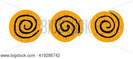 Cinnamon Rolls With Sugar. Set Of Swirl Buns. Hand Drawn Isolated Vector Illustration On White Backg
