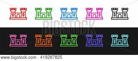 Set Line Sand Castle Icon Isolated On Black And White Background. Vector