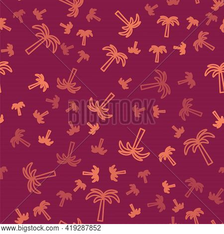 Brown Line Tropical Palm Tree Icon Isolated Seamless Pattern On Red Background. Coconut Palm Tree. V