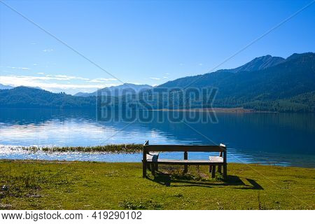 Empty Chair,  Beautiful Mountain Lake And Sky