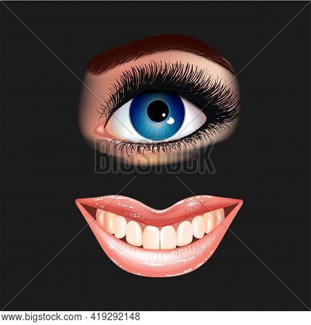 Set Of Beautiful Female Blue Eye With Extended Eyelashes And Shining Mouth With Glossy Lips. Smling 