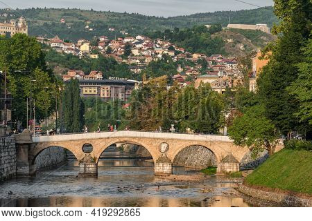 Sarajevo, BiH - August 29, 2019: Latin Bridge on Miljacka River in Sarajevo, Bosnia and Herzegovina