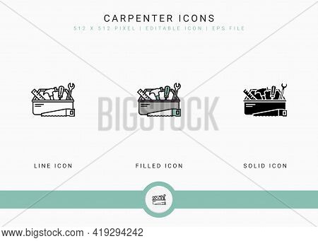 Carpenter Icons Set Vector Illustration With Solid Icon Line Style. Hammer Tool Building Concept. Ed
