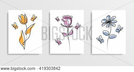 Flowers One Line Drawing Design. Trendy Line Art Icon With One Line Flowers Cover For Banner Design.