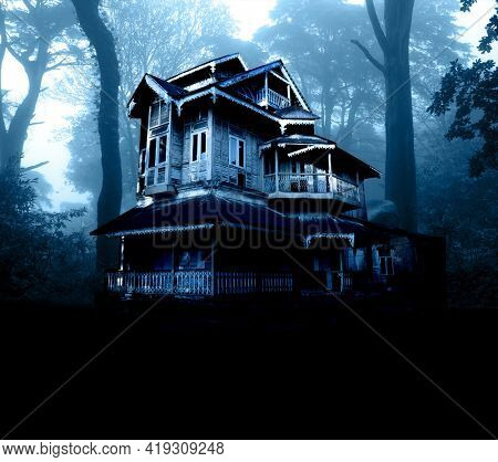Haunted house. Old abandoned house in the night forest. Scary colonial cottage in mysterious forestland. Photo toned in blue color. Copy space for text