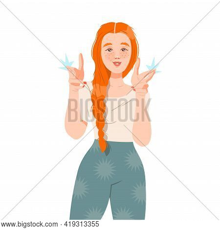 Redhead Female Showing Finger Gun As Positive Mimic Hand Gesture Vector Illustration