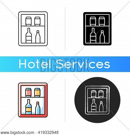 Mini Bar Icon. Small Refrigerator In Hotel Room Or Cruise Ship Stateroom. Guest Is Charged For Goods