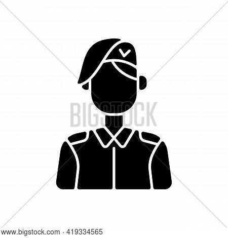 Korean Military Black Glyph Icon. Armed Force. Soldier In Uniform. Service Duty. Guard Officer. Pers