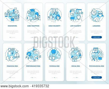 Item Adoption Onboarding Mobile App Page Screen With Concepts Set. Innovator, Laggard, Social Risk W