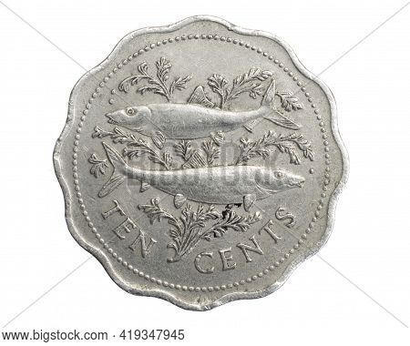Bahamas Ten Cents Coin On White Isolated Background