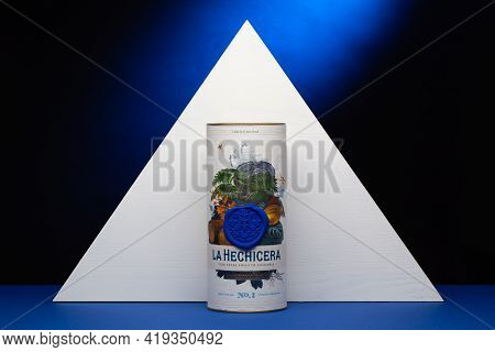 Prague,czech Republic - 26 March,2021: La Hechicera Muscat Cask Extra Rum On The Blue Background.  L