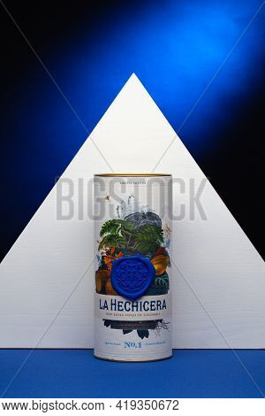 Prague,czech Republic - 26 March,2021: La Hechicera Muscat Cask Extra Rum On The Blue Background.  L