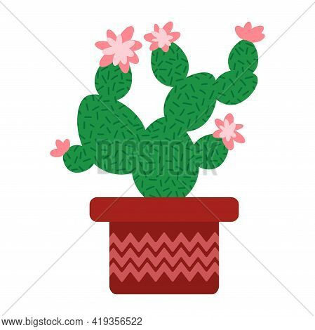 Blossom Cactus In Flowerpot White Isolated Stock Vector Illustration. Hand-drawn Green Prickly Textu