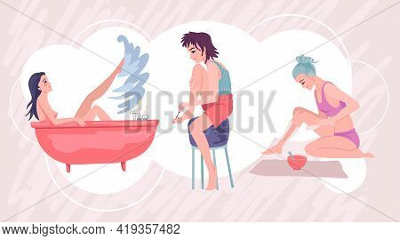 Feet Care, Bath And Pedicure, Beauty Treatment At Home, Self-care, Women Routine. Vector Illustratio