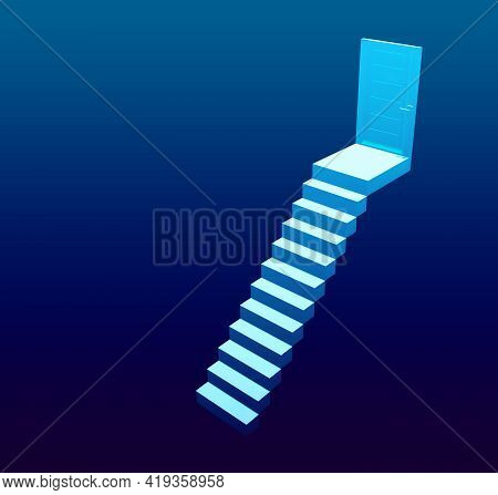 Stairs 3d Rendering. Ledders To The Door, Blue 3d Illustration. White Ledders And Door. Concept For 
