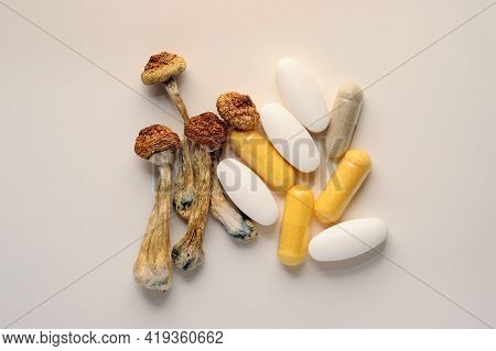 Dry Psilocybin Mushrooms On White Background. Psychedelic Mushrooms And Pills From Depression. Medic