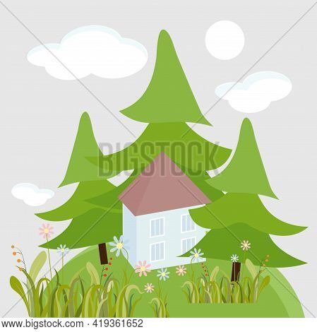 House In Fir Tree Forest Flower Hill Art Design Stock Vector Illustration For Web, For Print, For Fa