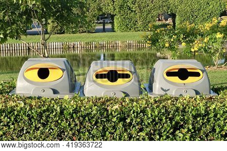 Row Of Plastic Buckets Or Garbage Bin, Wastebin, Recycling Bin For Save The Earth Concept.
