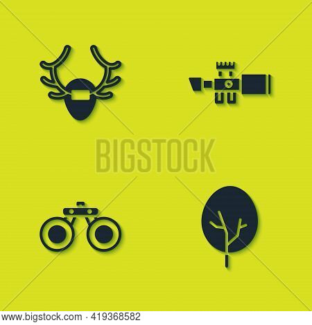 Set Deer Antlers On Shield, Tree, Binoculars And Sniper Optical Sight Icon. Vector