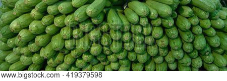 Panoramic Shot, Zucchini Background, Dietary And Healthy Food Without Nitrates
