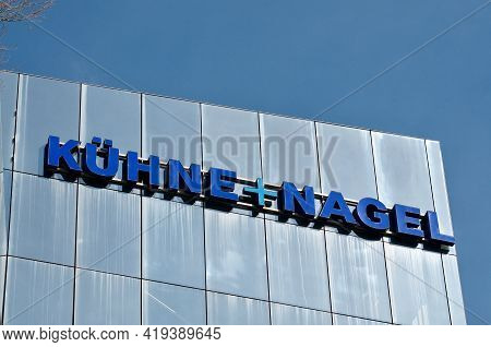 Schindellegi, Zurich, Switzerland - 28th March 2021 : Kuehne + Nagel Company Sign Hanging At The Hea