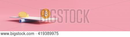 Bitcoin Coin Vs Traditional Currency Coins On Balancing Scales. Bitcoin Growth. Financial Transactio