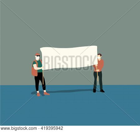 People Holding Blank Banners, Manifesting Activists Demonstrating Empty Signs. Protest And Strike,re