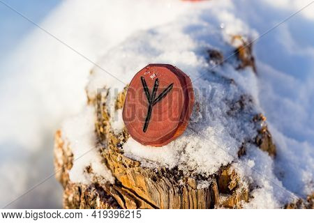 Rune Inverted Algiz Elhaz Carved From Wood In The Snow