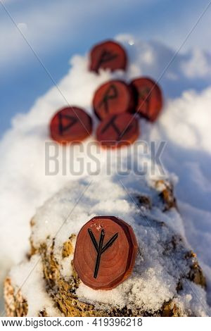 Rune Inverted Algiz Elhaz Carved From Wood In The Snow