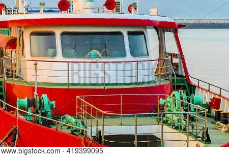 Closeup Of Tour Boat Front Deck And Navigation Cabin.
