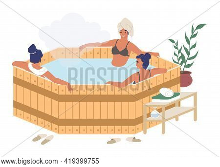 Happy Women Enjoying Barrel, Japanese Hot Tub Bath, Flat Vector Illustration. Spa Resort, Sauna, Bat