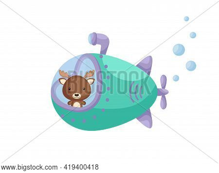 Cute Little Musk-ox Sail On Emerald Submarine. Cartoon Character For Childrens Book, Album, Baby Sho