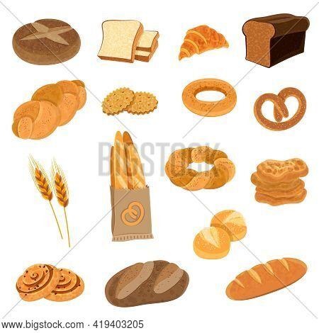 Bakery Fresh Bread Varieties Assortment Flat Icons Collection With Loaf And French Baguette Abstract