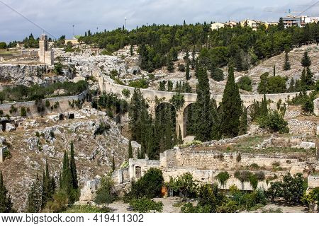 Gravina In Puglia, With The Roman Two-level Bridge That Extends Over The Canyon. Apulia, Bari, Italy