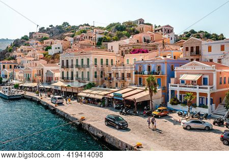 Symi / Greece - August 17 2017: View Of The Waterfront. Symi Is A Tiny Island Of Dodecanese, That Am