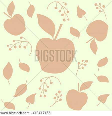 Vector Pattern Of Delicate Beige Apples, Leaves And Branches Of Berries