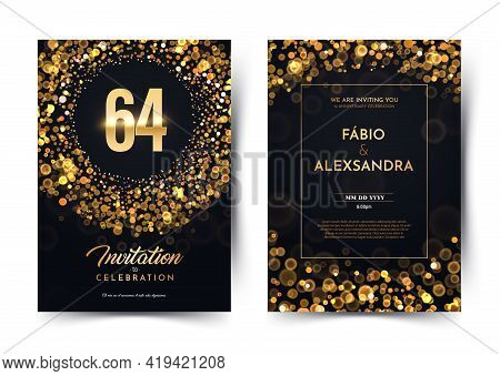 64th Years Birthday Vector Black Paper Luxury Invitation Double Card. Sixty Four Years Wedding Anniv