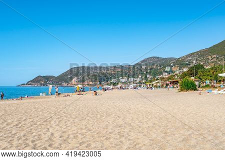 Alanya, Turkey - October 23, 2020: Beautiful Landscape Of Kleopatra Beach In Alanya With Clean White