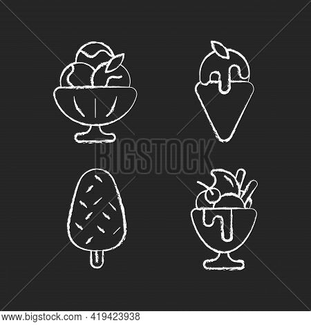 Ice Cream Varieties Chalk White Icons Set On Black Background. Sorbet, Sherbet. Gelato. Vanilla Ice 