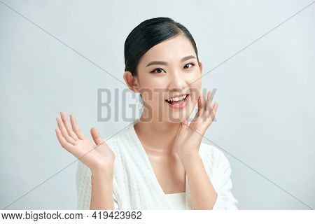 Beautiful Asian Young Woman Touching Soft Cheek Smile With Clean Fresh Skin Happiness And Cheerful W