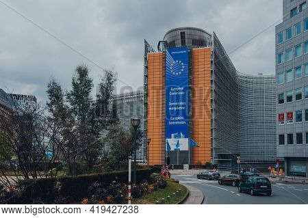 Brussels, Belgium - August 16, 2019: Wide View Of Schuman Roundabout And The Berlaymont, An Office B