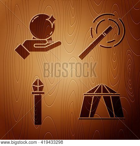 Set Circus Tent, Magic Ball On Hand, Magic Staff And Magic Wand On Wooden Background. Vector
