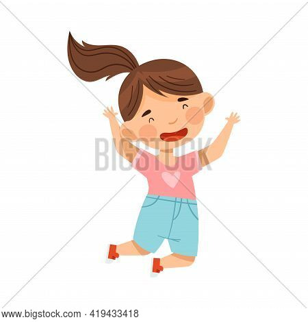 Cheerful Girl With Ponytail Jumping With Joy And Excitement Vector Illustration