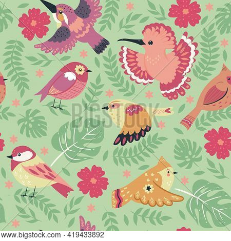 Seamless Pattern With Cute Birds. Vector Image.