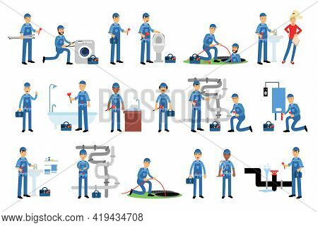 Young Man Plumber Wearing Blue Overall Fixing Tubes And Pipe Lines Vector Illustration Set