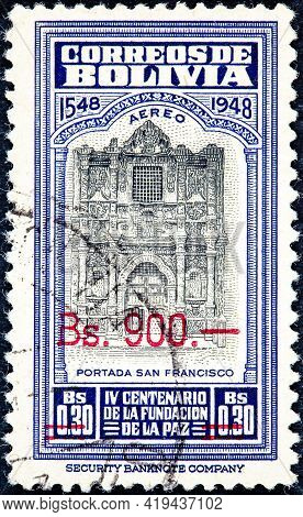 Bolivia - Circa 1957: Canceled Postage Stamp Printed By Bolivia, Shows The Cover Of The Cathedral Of