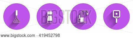 Set Barbecue Spatula, Pepper, Water Tap And Frying Pan Icon With Long Shadow. Vector