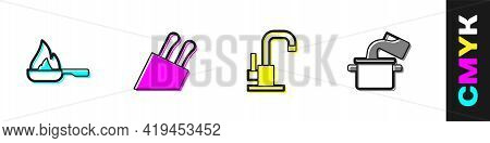 Set Frying Pan, Knife, Water Tap And Cooking Pot Icon. Vector