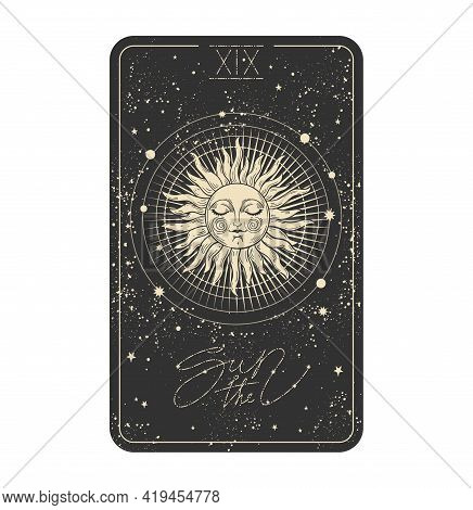 The Sun Tarot Card Icon, Sun With A Face On A Black Cosmic Background With Stars. Major Arcana For D